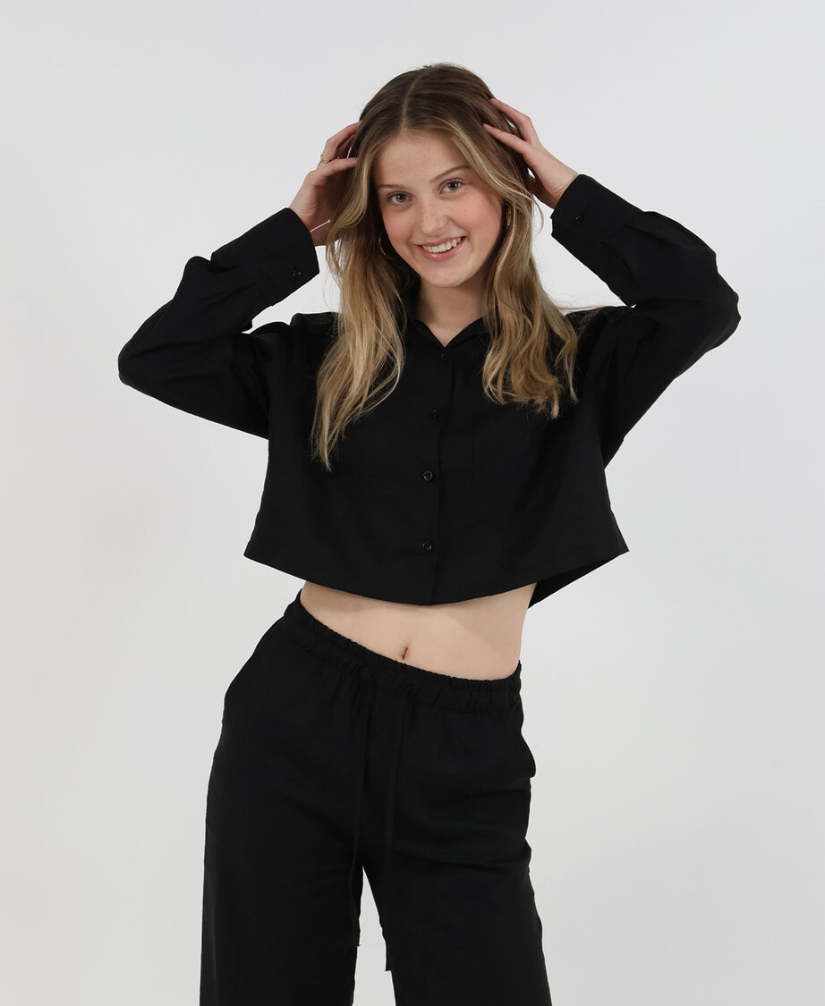 Linen Cropped Blouse Black