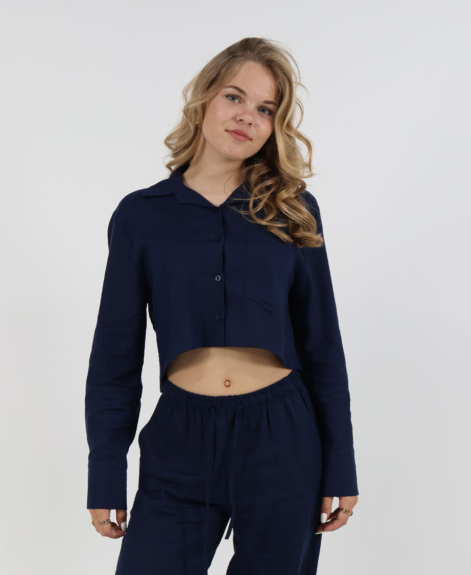 Linen Cropped Blouse Navy Blue