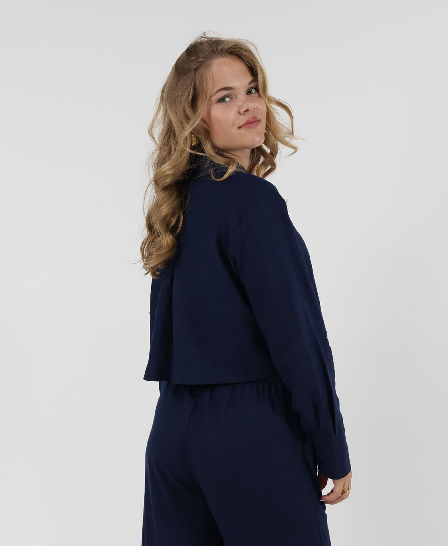 Linen Cropped Blouse Navy Blue