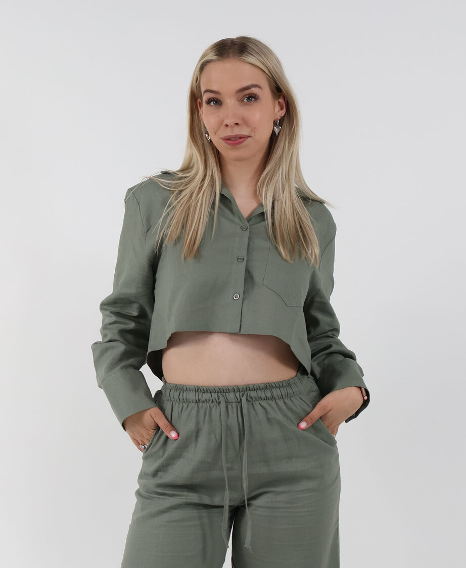 Linen Cropped Blouse Khaki