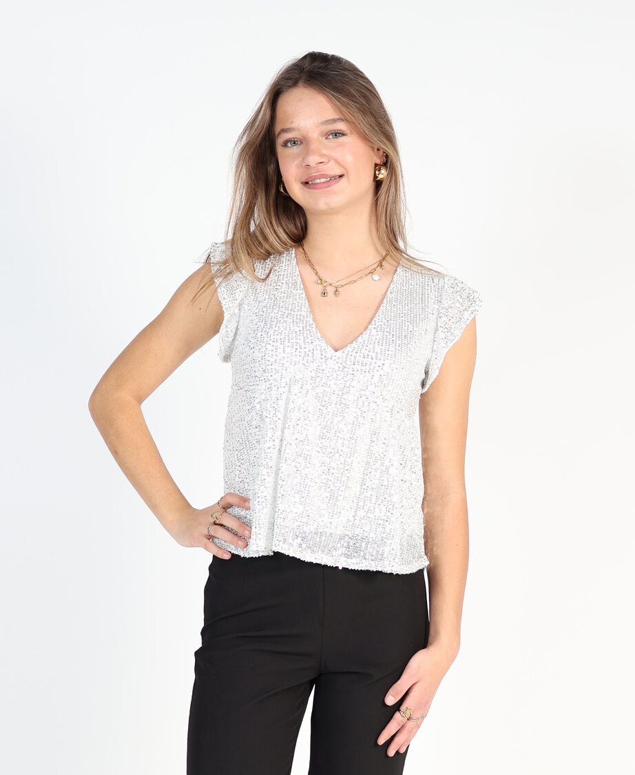 Ruffle Sequin Top White