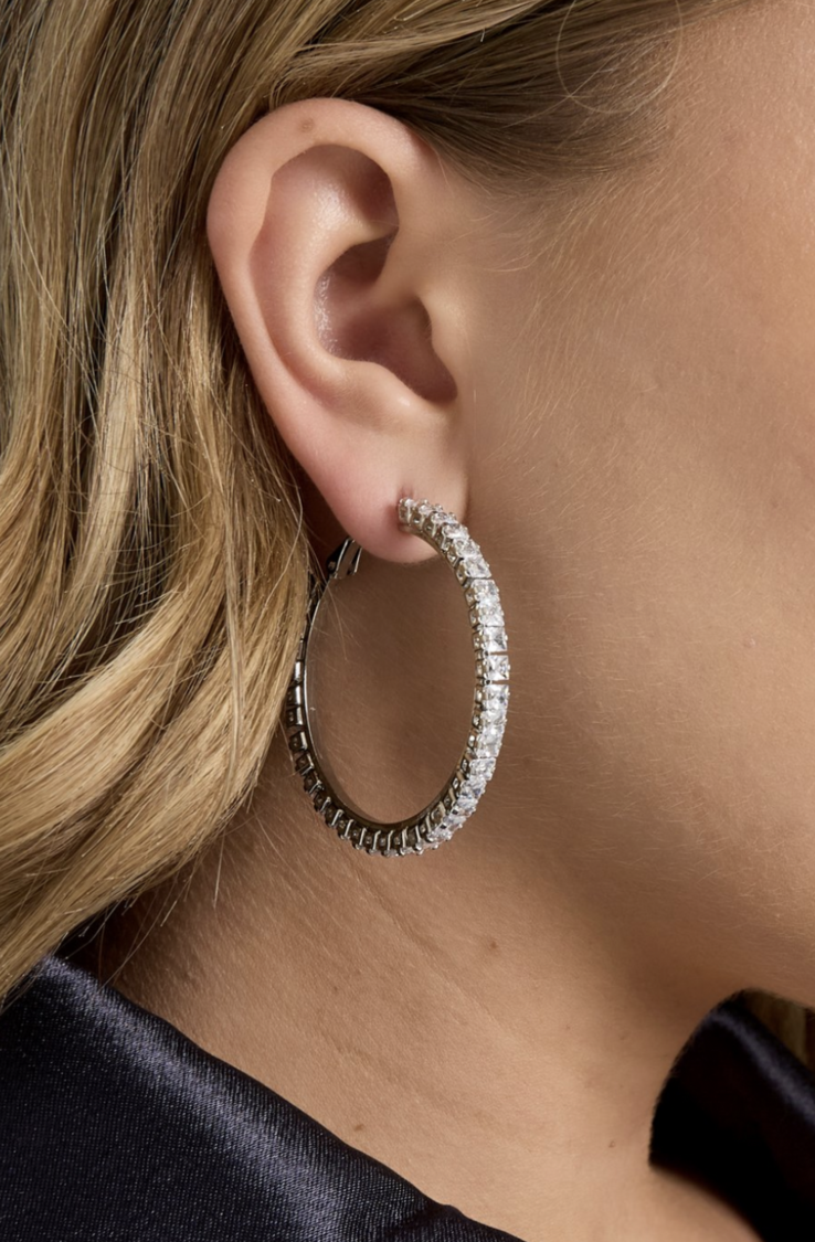 Rhinestone Hoop Earrings Silver