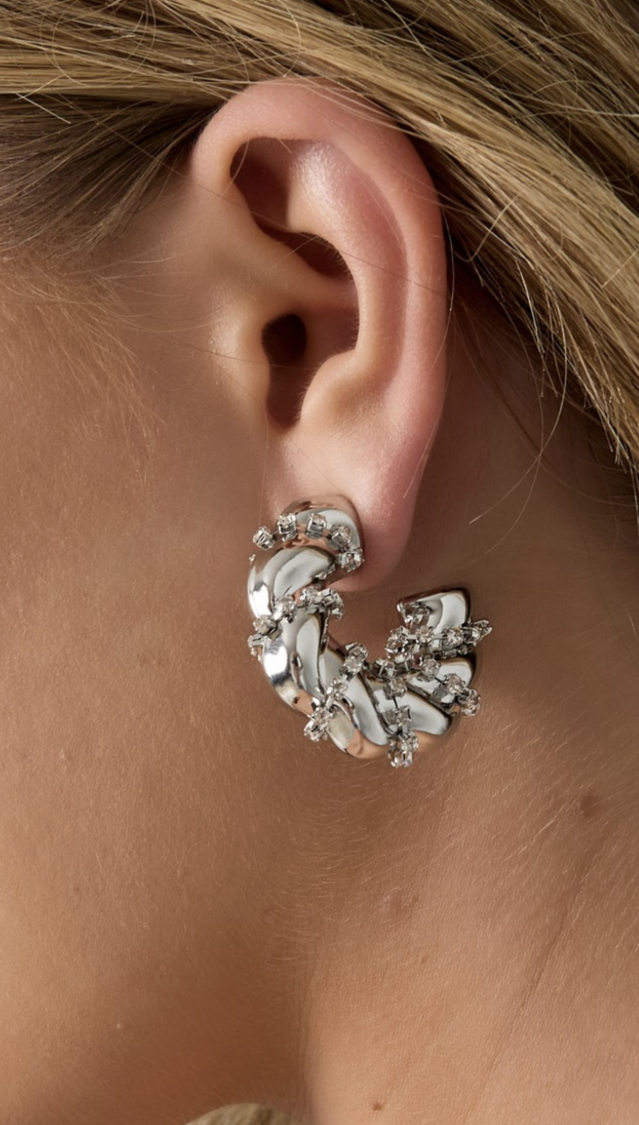 Twisted Rhinestone Earrings Silver