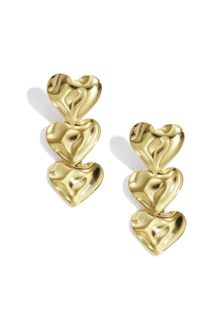 Triple Heart Drops Earrings Gold