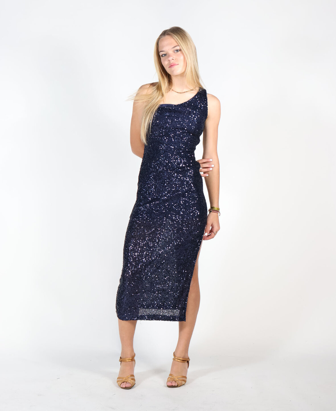 One Shoulder Sequin Dress Navy Blue
