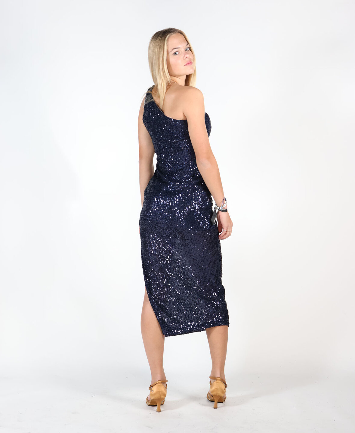 One Shoulder Sequin Dress Navy Blue