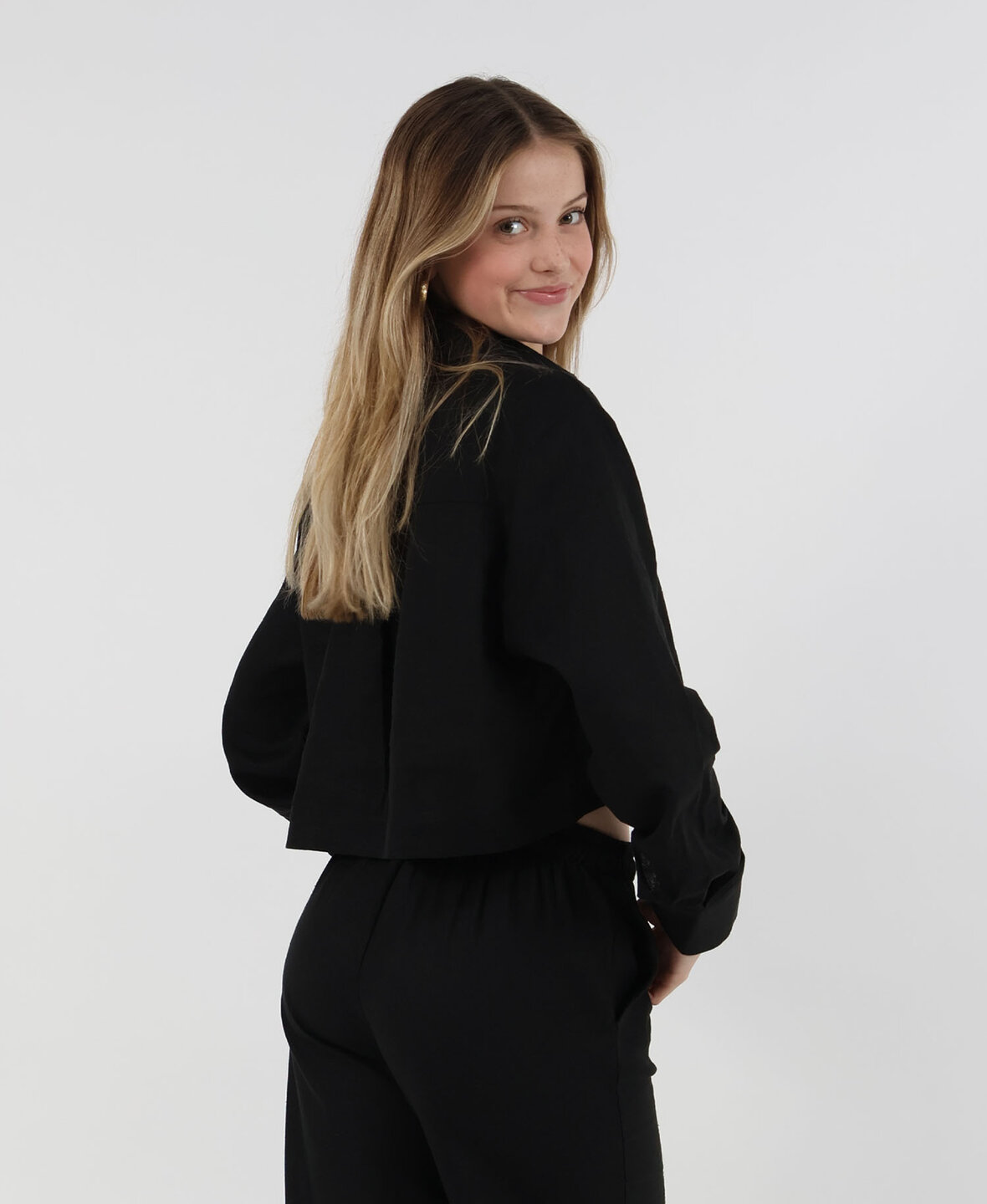 Linen Cropped Blouse Black
