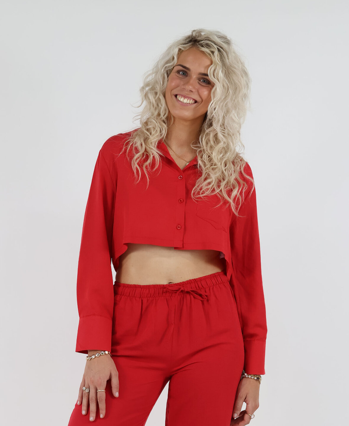 Linen Cropped Blouse Red