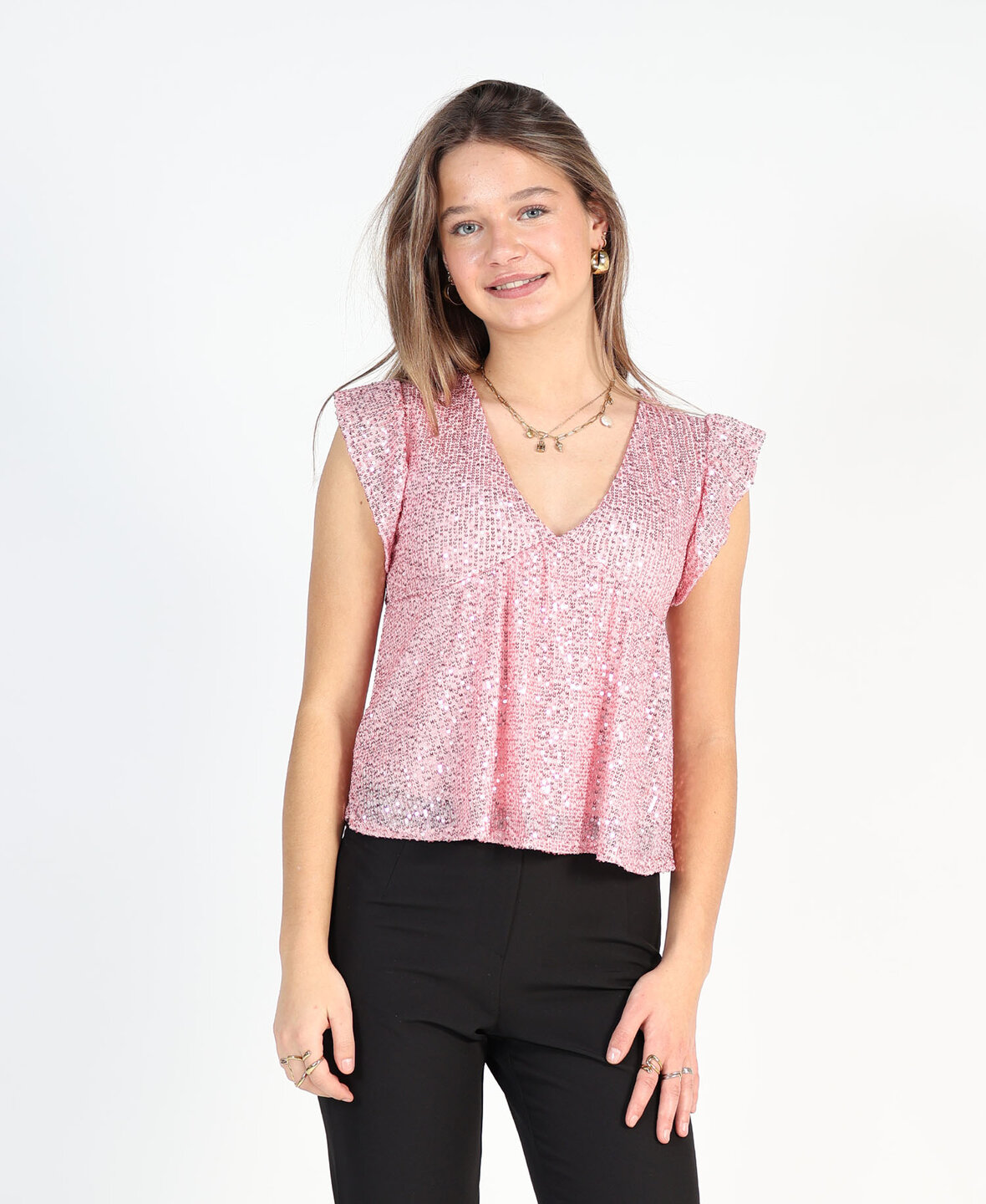 Ruffle Sequin Top Pink