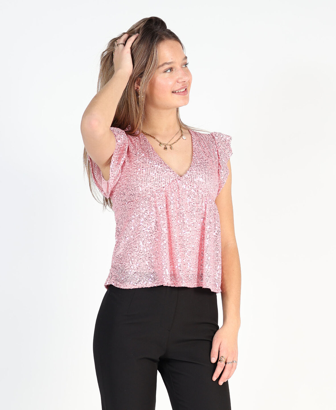 Ruffle Sequin Top Pink