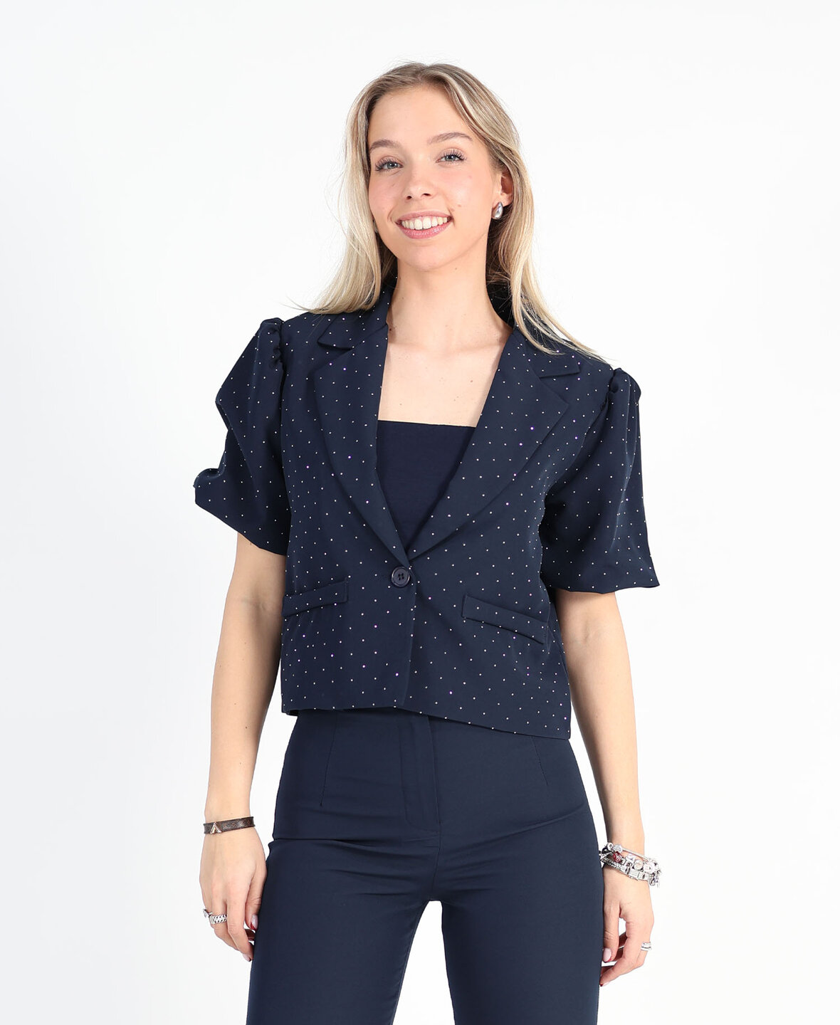 Diamond Puff Sleeve Blazer Navy Blue